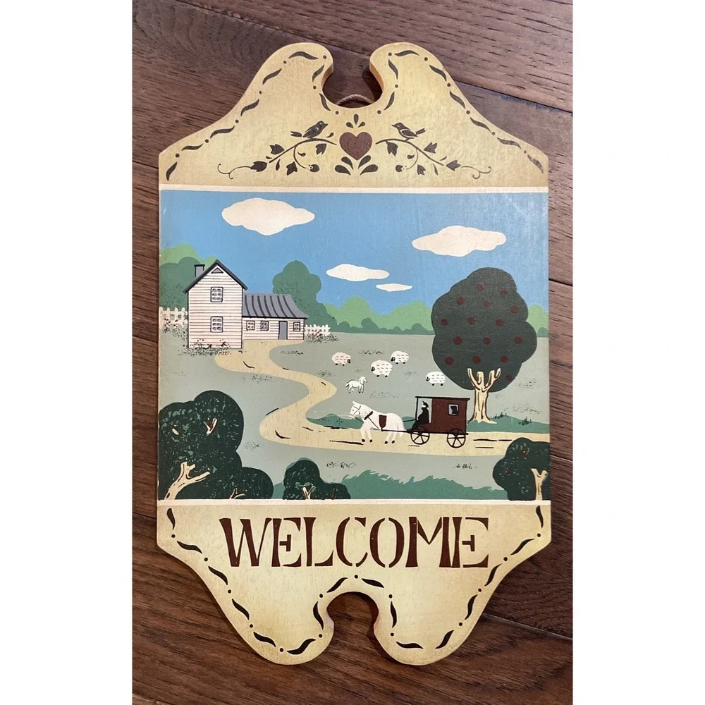 Wood Welcome Sign Hand Painted Farm House Sheep 18